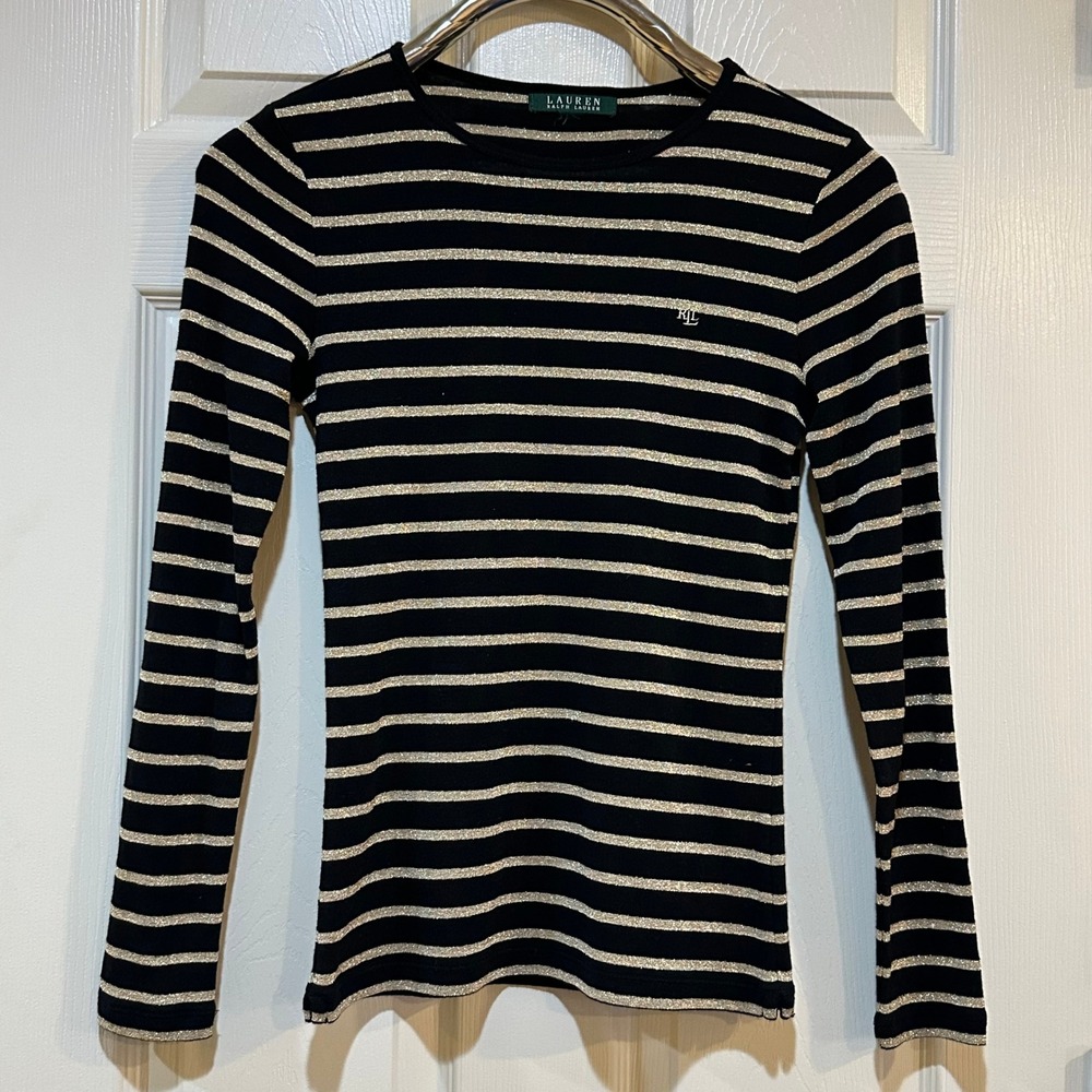 Lauren Ralph Lauren Black Gold Metallic Striped Long Sleeve Crew Neck Top Small